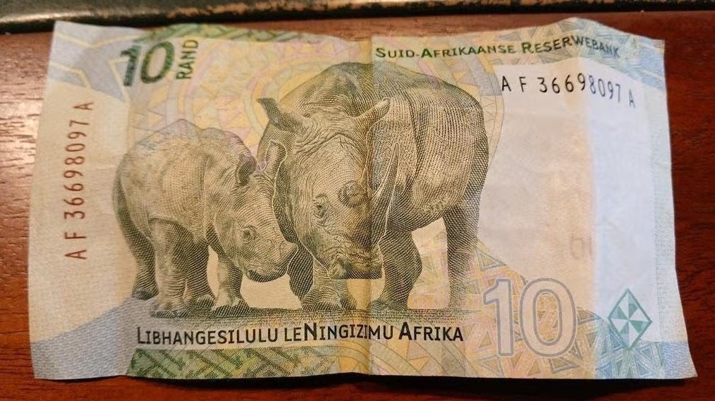 Zuid-Afrika 10 Rand bankbiljet (neushoorns)., Postzegels en Munten, Bankbiljetten | Afrika, Verzenden, Zuid-Afrika, Los biljet