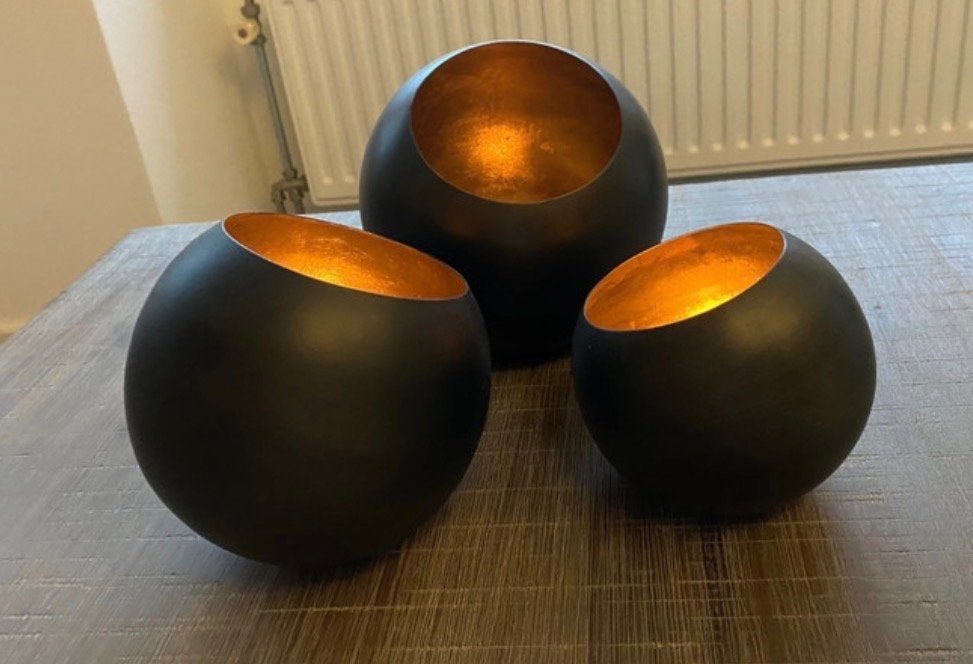 Set van 3 Windlichten - Zwart met Gouden Binnenkant, Huis en Inrichting, Woonaccessoires | Kandelaars en Kaarsen, Gebruikt, Zwart
