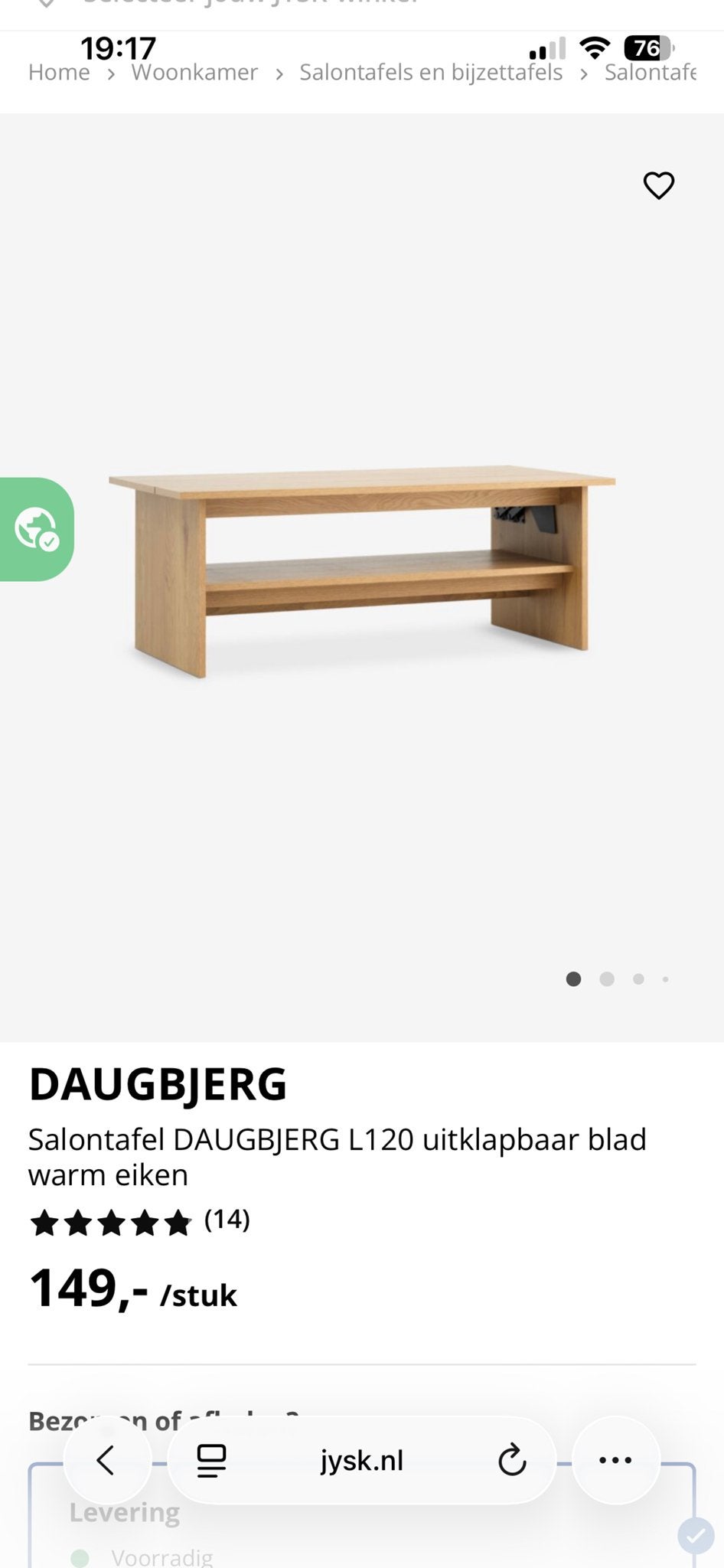 DAUGBJERG Salontafel L120 uitklapbaar blad warm eiken, Huis en Inrichting, Ophalen, 100 tot 150 cm, Eikenhout, 50 tot 100 cm