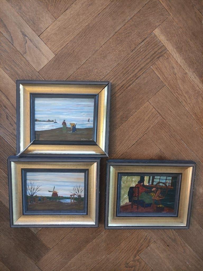 Schilderijtjes Annigje -K 1952 schilderij in lijst 3 stuks, Ophalen of Verzenden