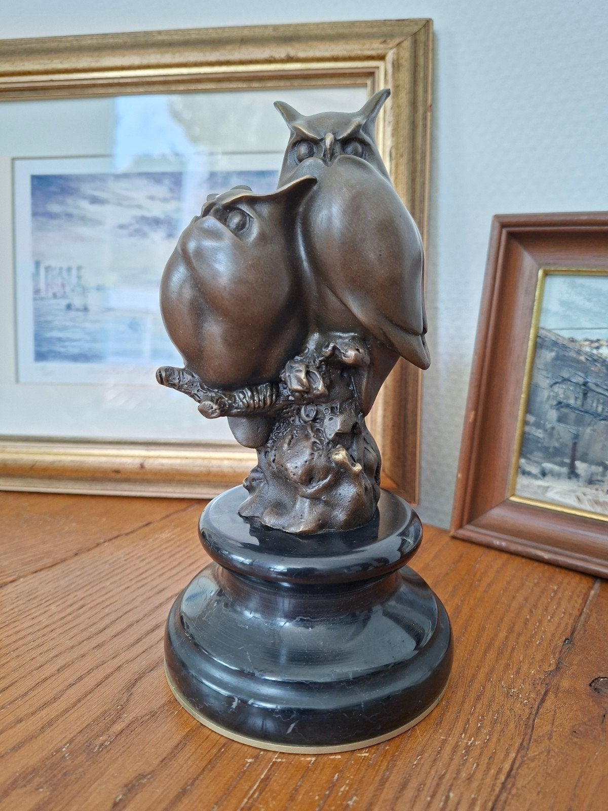 Bronzen beeldje van twee uilen op een tak, Antiek en Kunst, Antiek | Koper en Brons, Ophalen of Verzenden, Brons