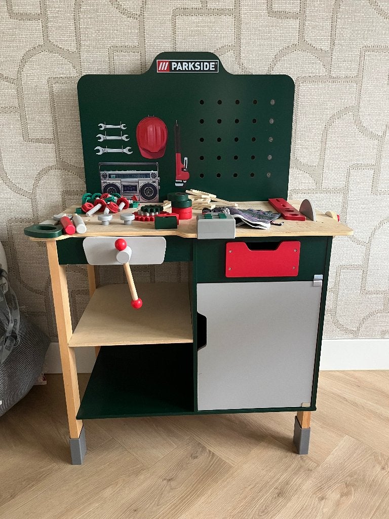 Parkside Lidl houten speelgoed werkbank incl. accessoires, Ophalen, Zo goed als nieuw, Meubelstuk of Keukentje