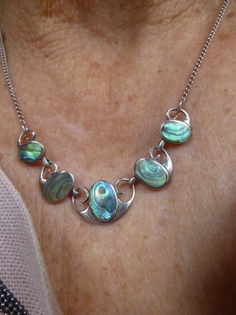 Zilveren Collier Jugendstil style met Abalone / Zeeopaal, Verzenden, Zilver, Ketting, Met edelsteen