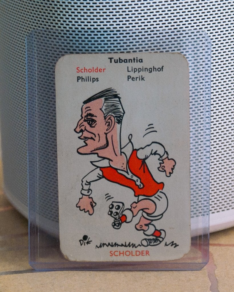 Scholder, Tubantia - DB 1e Divisie kwartet 1958, Ophalen of Verzenden, Gebruikt, Overige binnenlandse clubs, Poster, Plaatje of Sticker