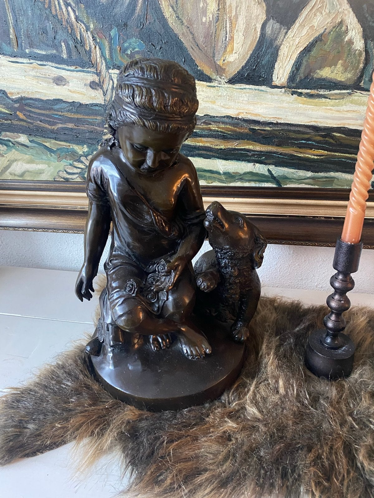 Mooi bronzen beeld: meisje met hond, 42cm hoog, Antiek en Kunst, Ophalen of Verzenden, Brons, 20 - 50 cm, Beeld