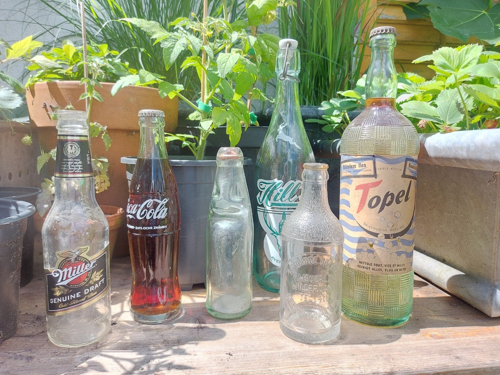 6 x oude reclame glazen fles flessen 6 voor 25 euro, Ophalen of Verzenden