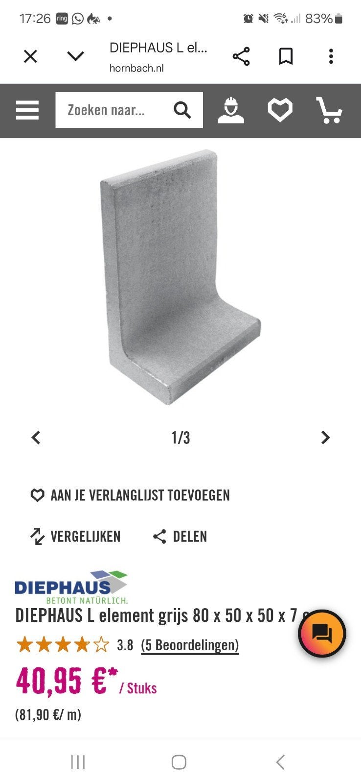 2 L-elementen grijs 80x50x50x7, zo goed als nieuw, Tuin en Terras, Ophalen, Zo goed als nieuw, Beton, Overige typen
