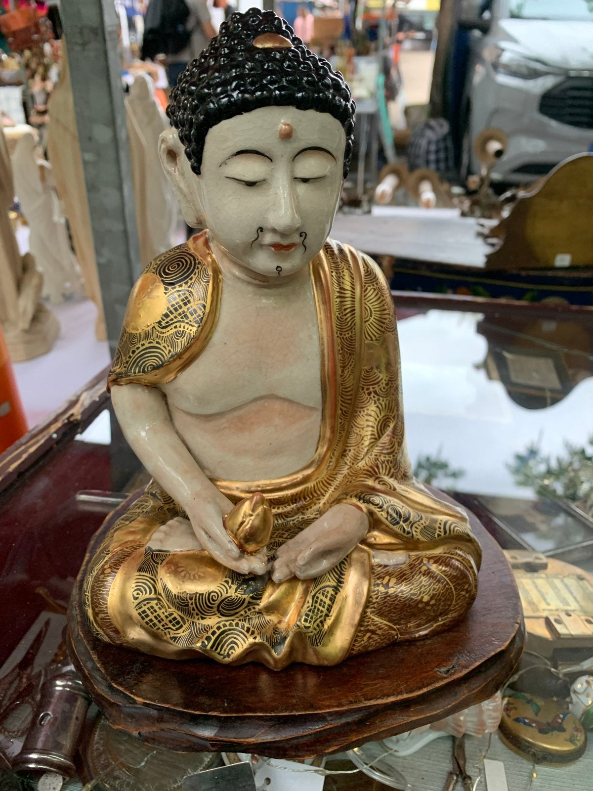 Antieke Japanse Boeddha in bladgoud, gemerkt, Antiek en Kunst, Kunst | Beelden en Houtsnijwerken, Minder dan 20 cm, Ophalen of Verzenden