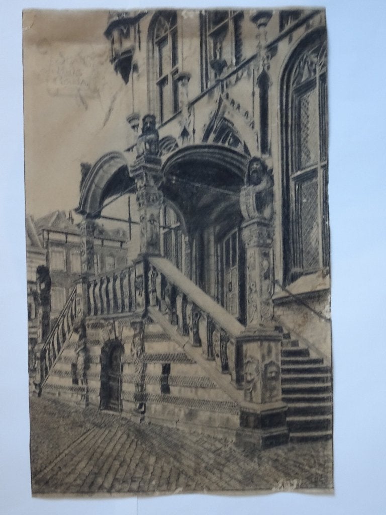 potlood tekening trappen stadhuis Gouda maker tijd onbekend, Antiek en Kunst, Verzenden, Tekening, Overige technieken, Origineel