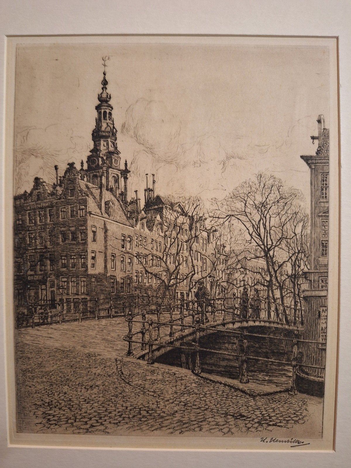 Ets Amsterdam door H. Hendrikse - Stadsgezicht met brug, Ets, Stadsgezicht, Ophalen of Verzenden, Gesigneerd