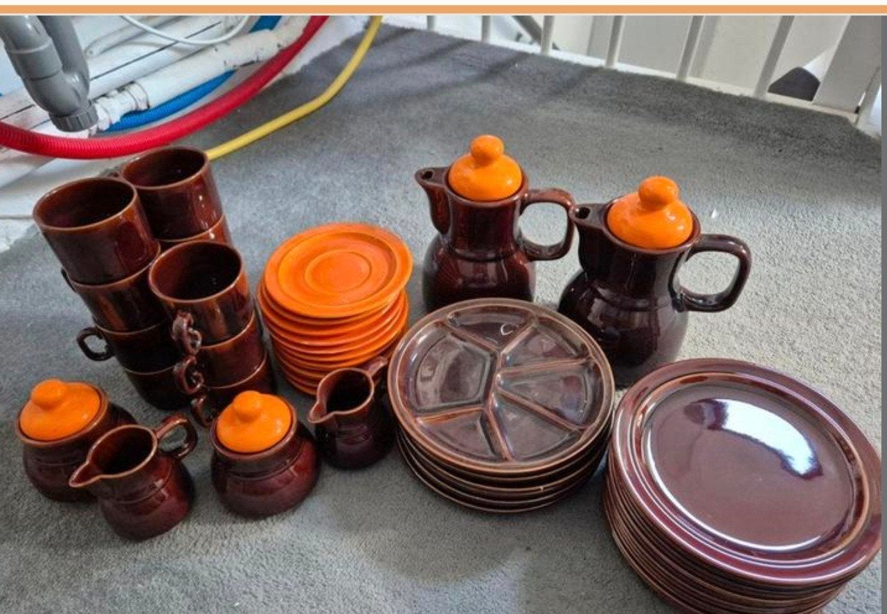 Vintage France servies set bruin/oranje keramiek, Ophalen