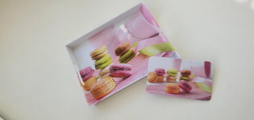 Dienblad met handvaten en bijpassend plankje - Macarons, Ophalen of Verzenden, Zo goed als nieuw, Rechthoekig, Kunststof