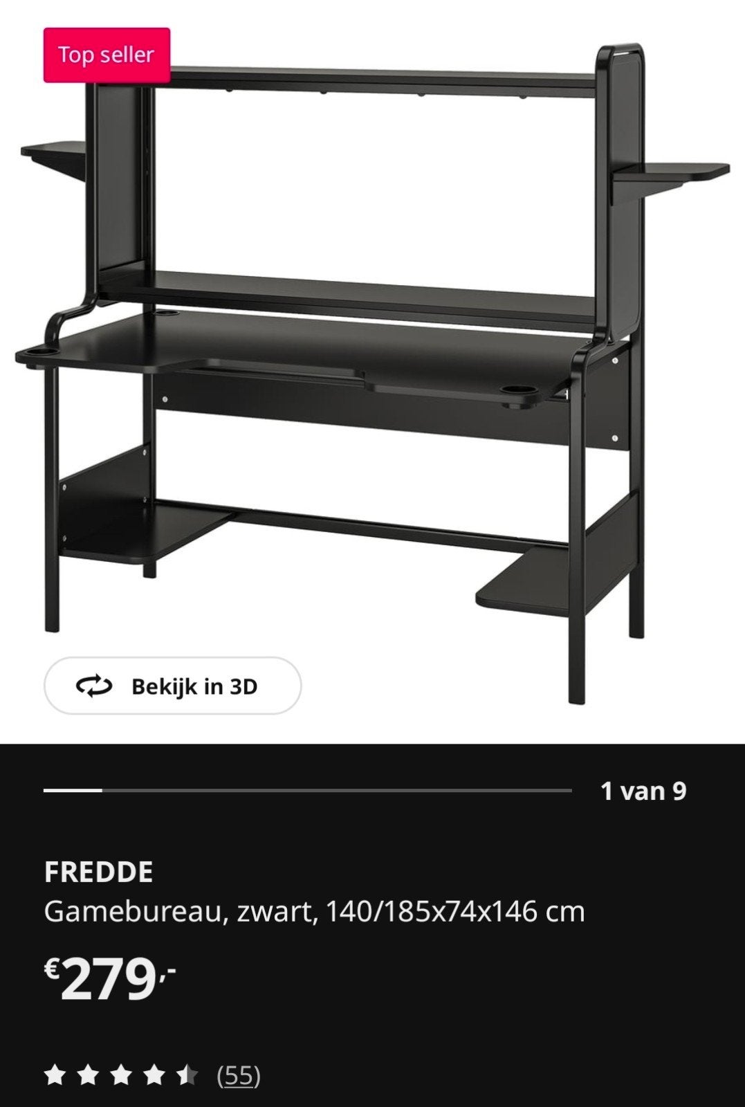 IKEA FREDDE Gamingbureau - Zwart, Zo goed als nieuw, Ophalen, Zwart, Zo goed als nieuw, IKEA
