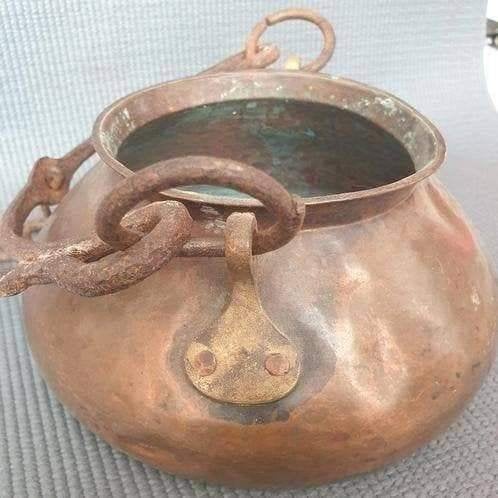 Antieke hangende ketel met open haard gehamerd koper, Ophalen of Verzenden, Koper