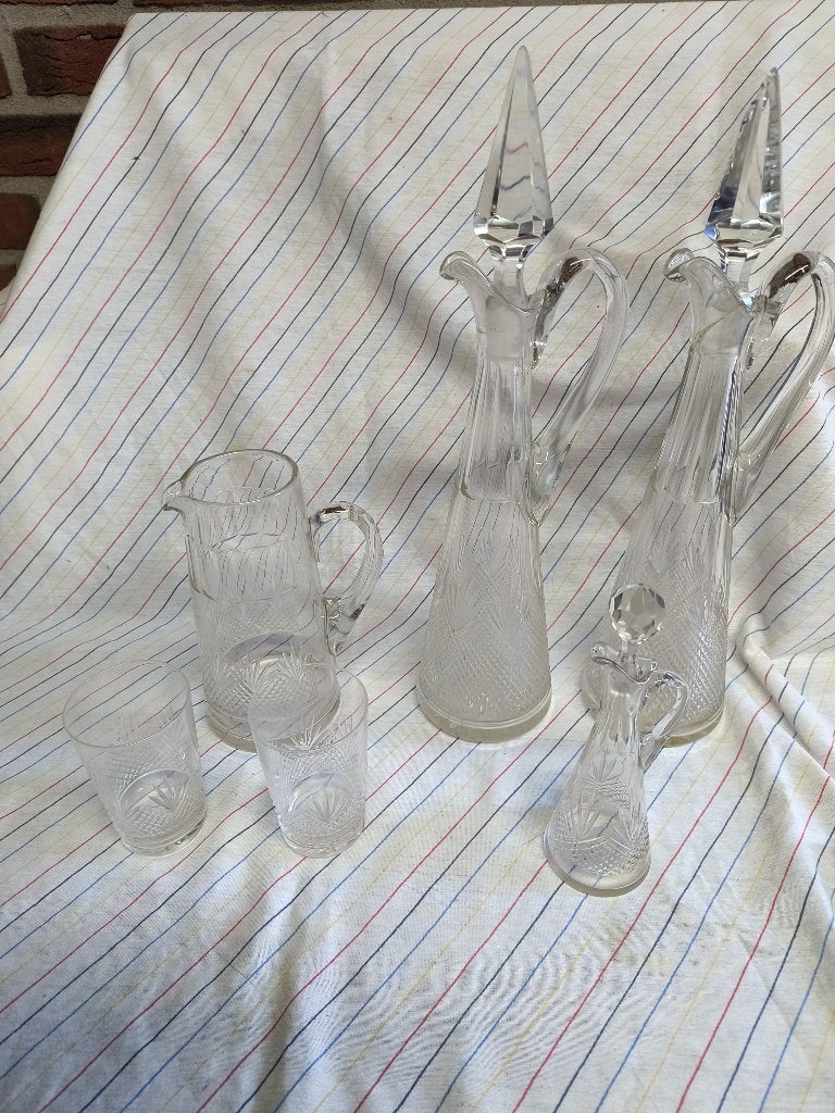 Set Kristal Karaf 3x cruet cruetfles antiek brocante vintage, Antiek en Kunst, Ophalen of Verzenden