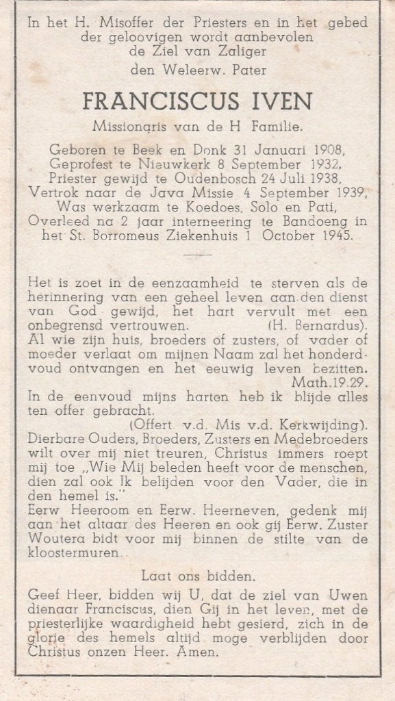 franciscus iven-bandoeng 1945, Ophalen of Verzenden, Bidprentje
