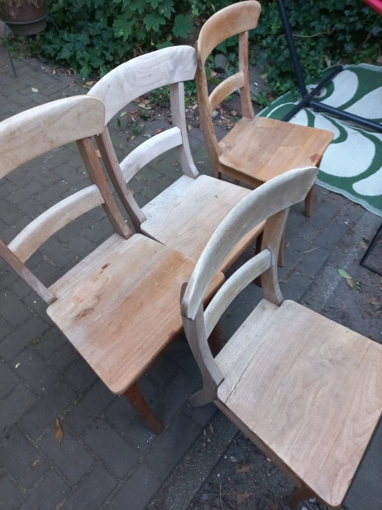 Handgemaakte teak houten eettafelstoelen, Huis en Inrichting, Stoelen, Ophalen, Bruin, Zo goed als nieuw, Vier