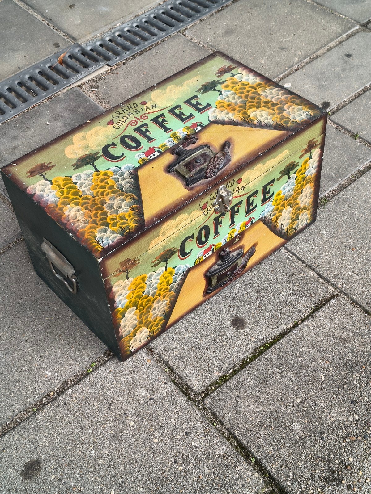 Decoratieve houten kist met 'Grand Colombian Coffee' print, Ophalen of Verzenden