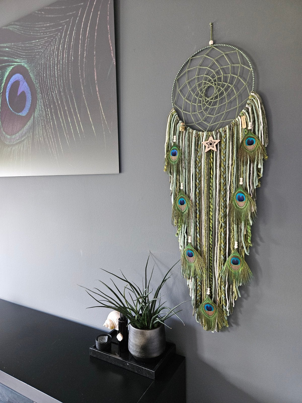 dromenvanger XL pauwenveren Groen wandkleed boho ibiza, Ophalen of Verzenden, Nieuw