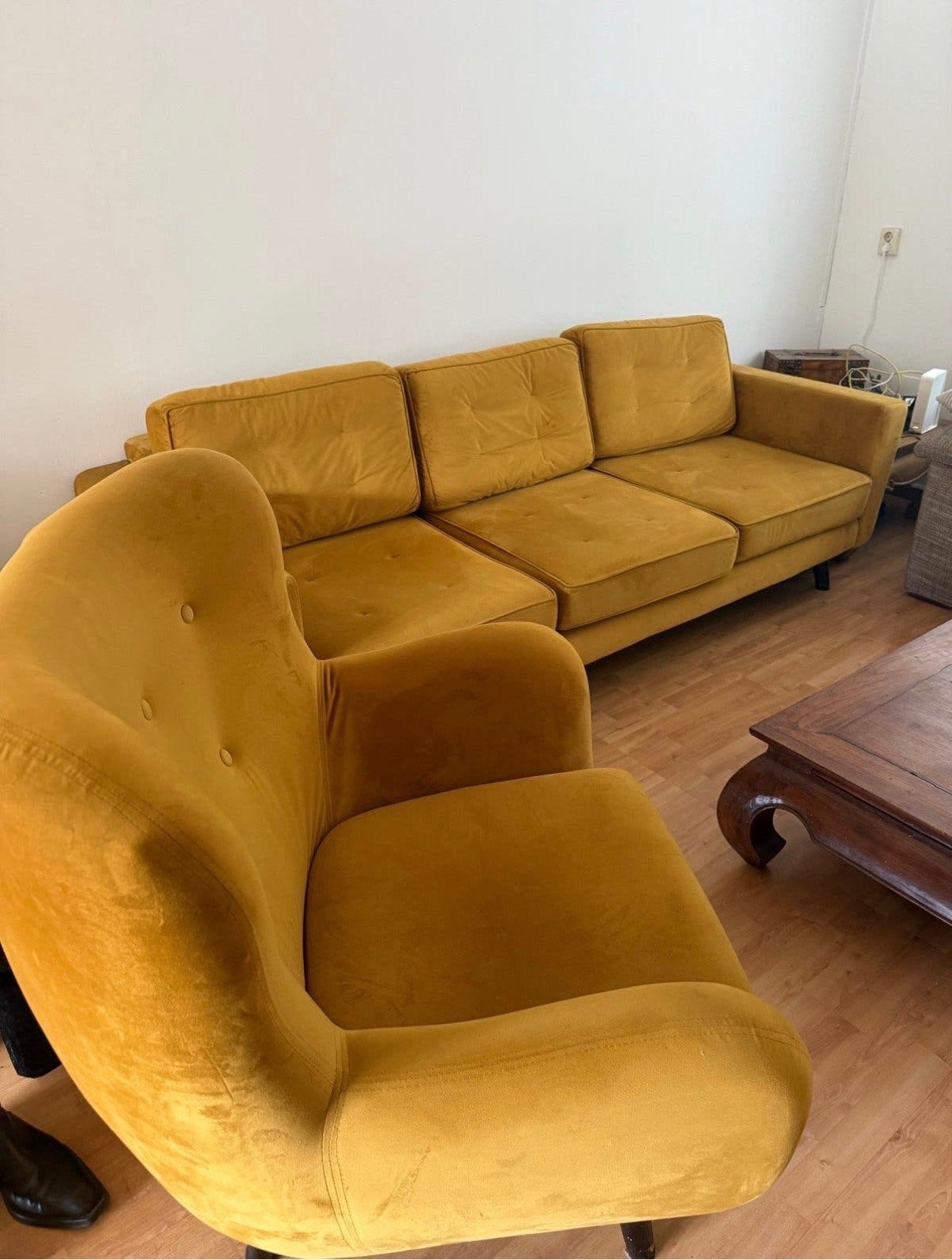 3-zits bank en fauteuil - Okergeel, Ophalen, Gebruikt, Driepersoons, 75 tot 100 cm