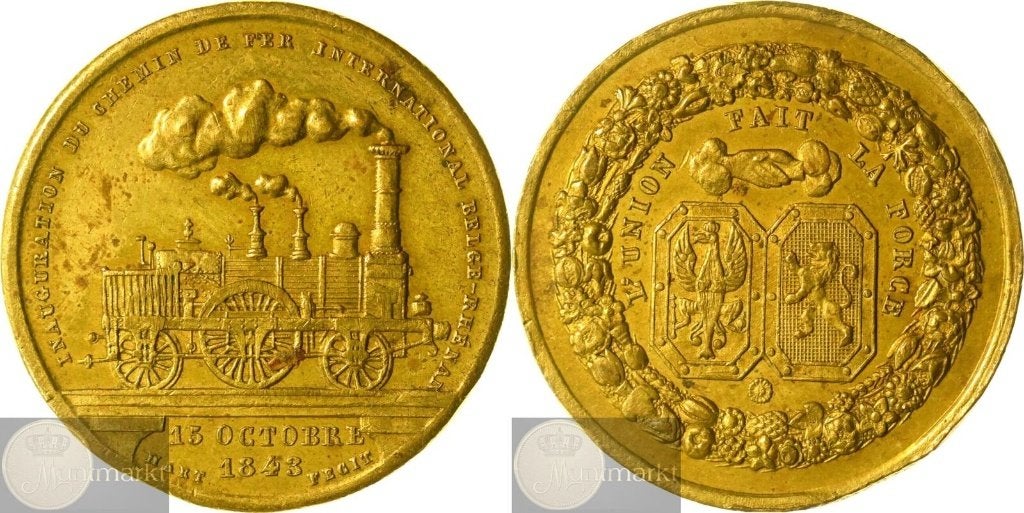 België - Historiepenning 1843 'Opening van de spoorweg', Ophalen of Verzenden, Overige materialen, Buitenland