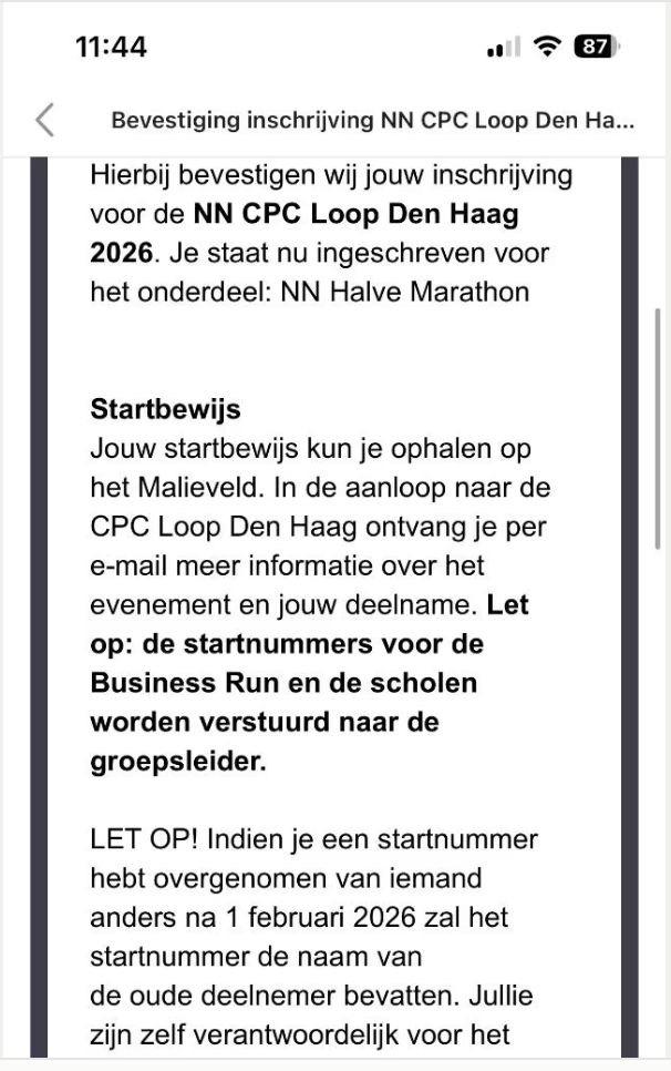 Startbewijs halve marathon / City-Pier-City loop Den Haag, Eén persoon, Maart
