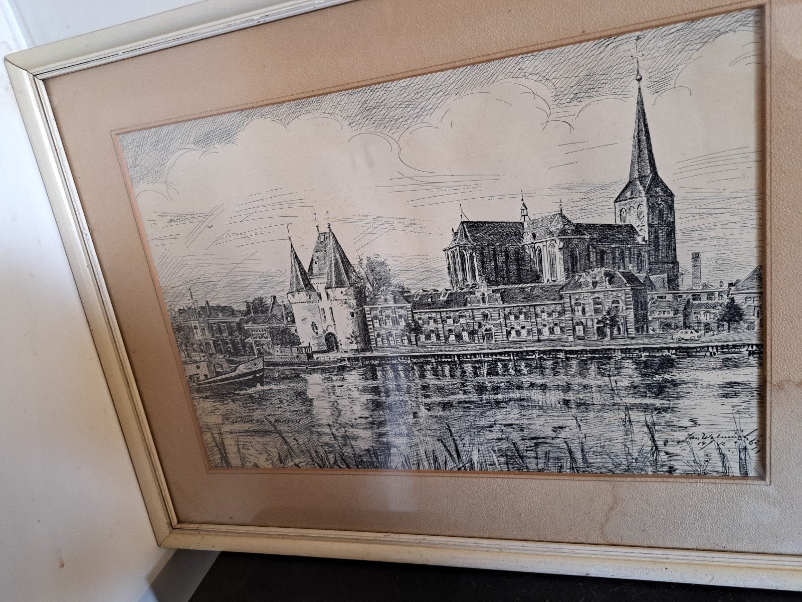 Historische tekening van kampen aan de ijssel, Antiek en Kunst, Kunst | Tekeningen en Foto's, Ophalen, Tekening, Pentekening, Ingelijst