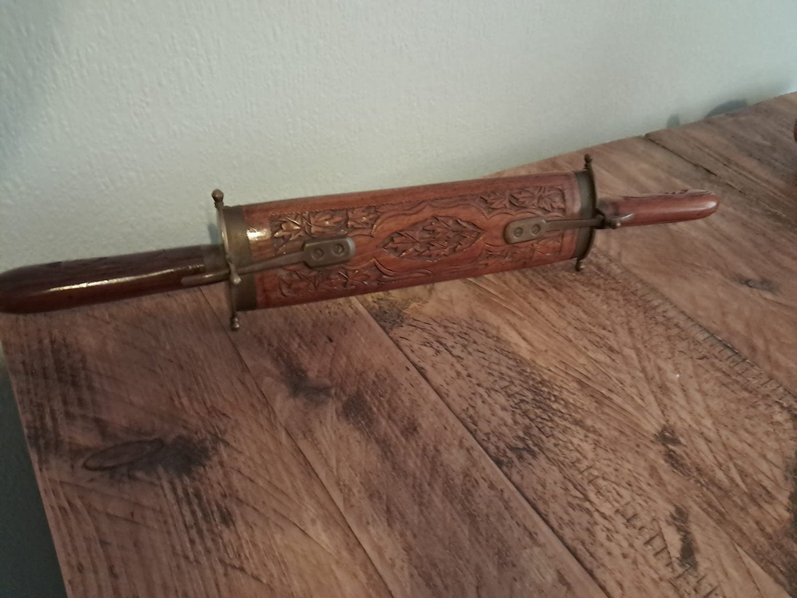 Antiek vleesvork en mes set in houten schede, Antiek en Kunst, Antiek | Bestek, Ophalen