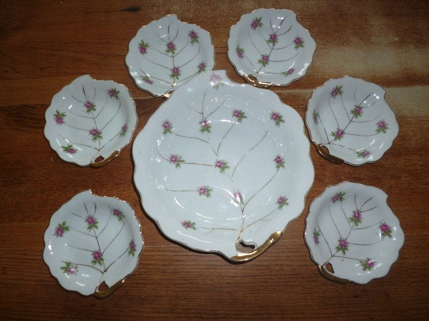 Aparte Dessert set in bladvorm met roze roosjes, Ophalen of Verzenden