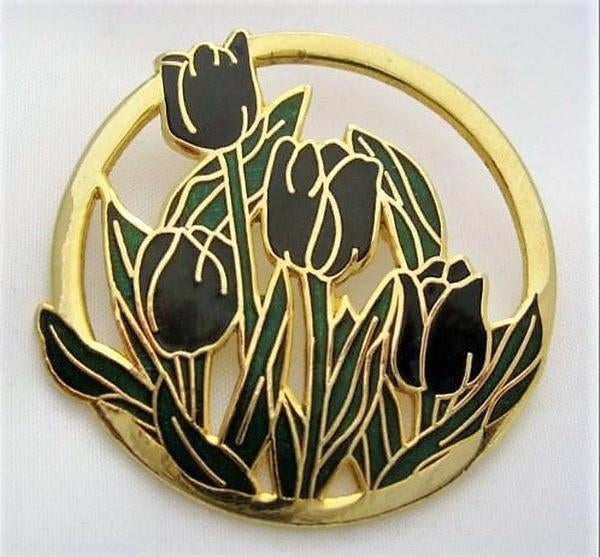 FISH Vintage broche Zwarte tulpen cloisonné emaille 22 kt, Ophalen, Zo goed als nieuw, Zwart, Overige materialen