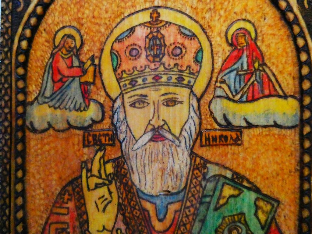 Byzantijns 2 luik Icoon St. Nicolaas Maria Jezus Pyrografie, Antiek en Kunst, Antiek | Religie, Ophalen of Verzenden