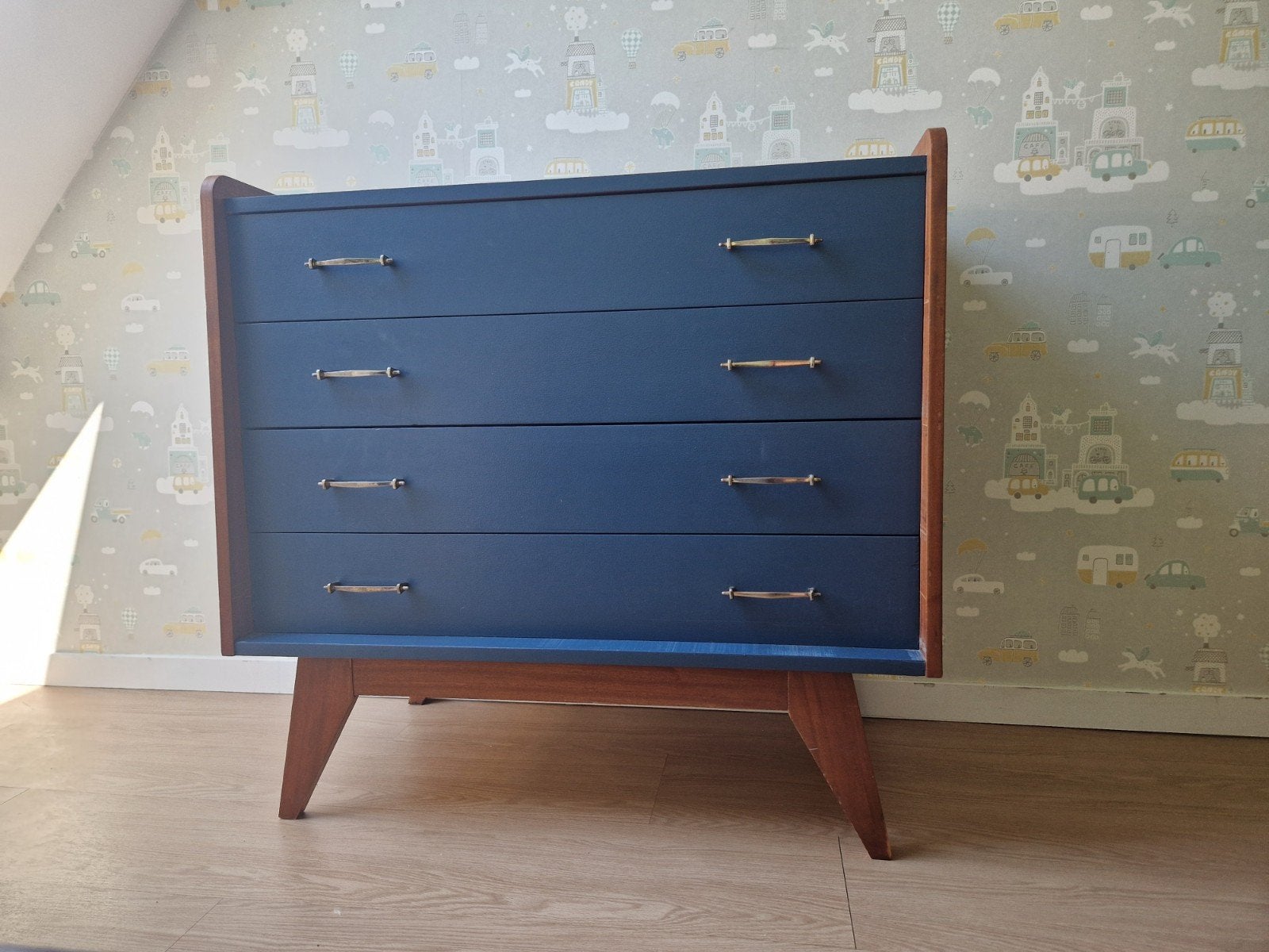 Vintage commode/ladenkast hout en blauw, Ophalen, Gebruikt, 50 tot 100 cm, 3 of 4 laden