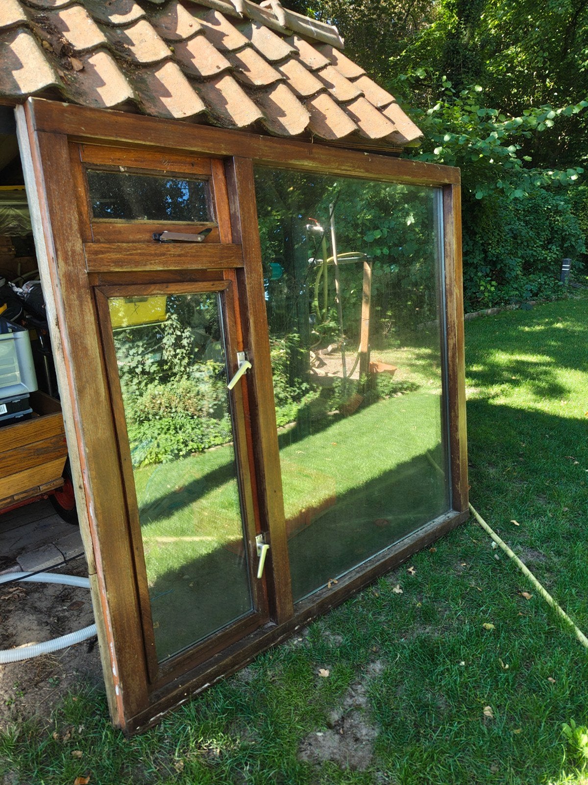 Eikenhouten raam met openslaande boven- en zijraam, Doe-het-zelf en Verbouw, Ophalen, Gevelraam of Ruit, Gebruikt, 160 cm of meer