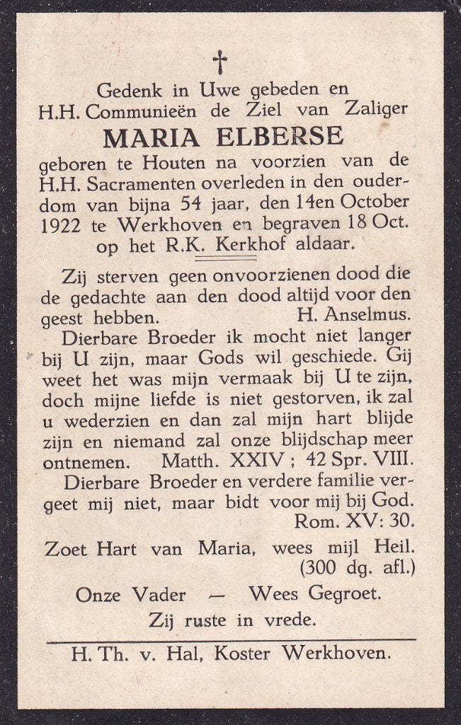 Elberse Maria Houten  overl. 1922  54 Jaar, Ophalen, Bidprentje