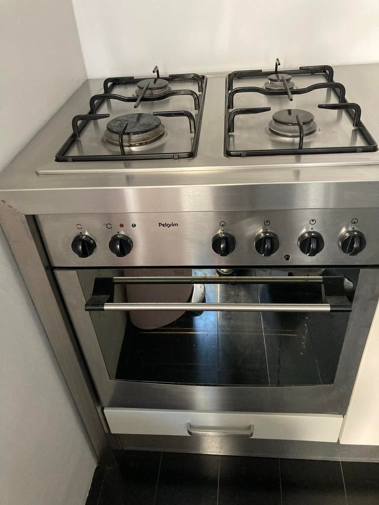 Keukenblokje met Pelgrim fornuis en oven in rvs-blad, Ophalen, Gebruikt, Vrijstaand, 60 cm of meer
