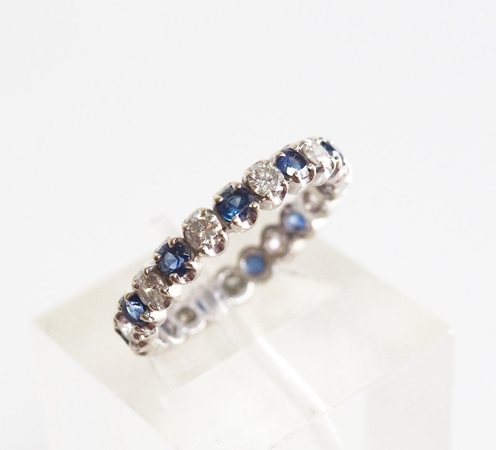 18 krt witgouden alliance-ring met diamant en saffier, 18 tot 19, ., Ophalen of Verzenden, Zo goed als nieuw