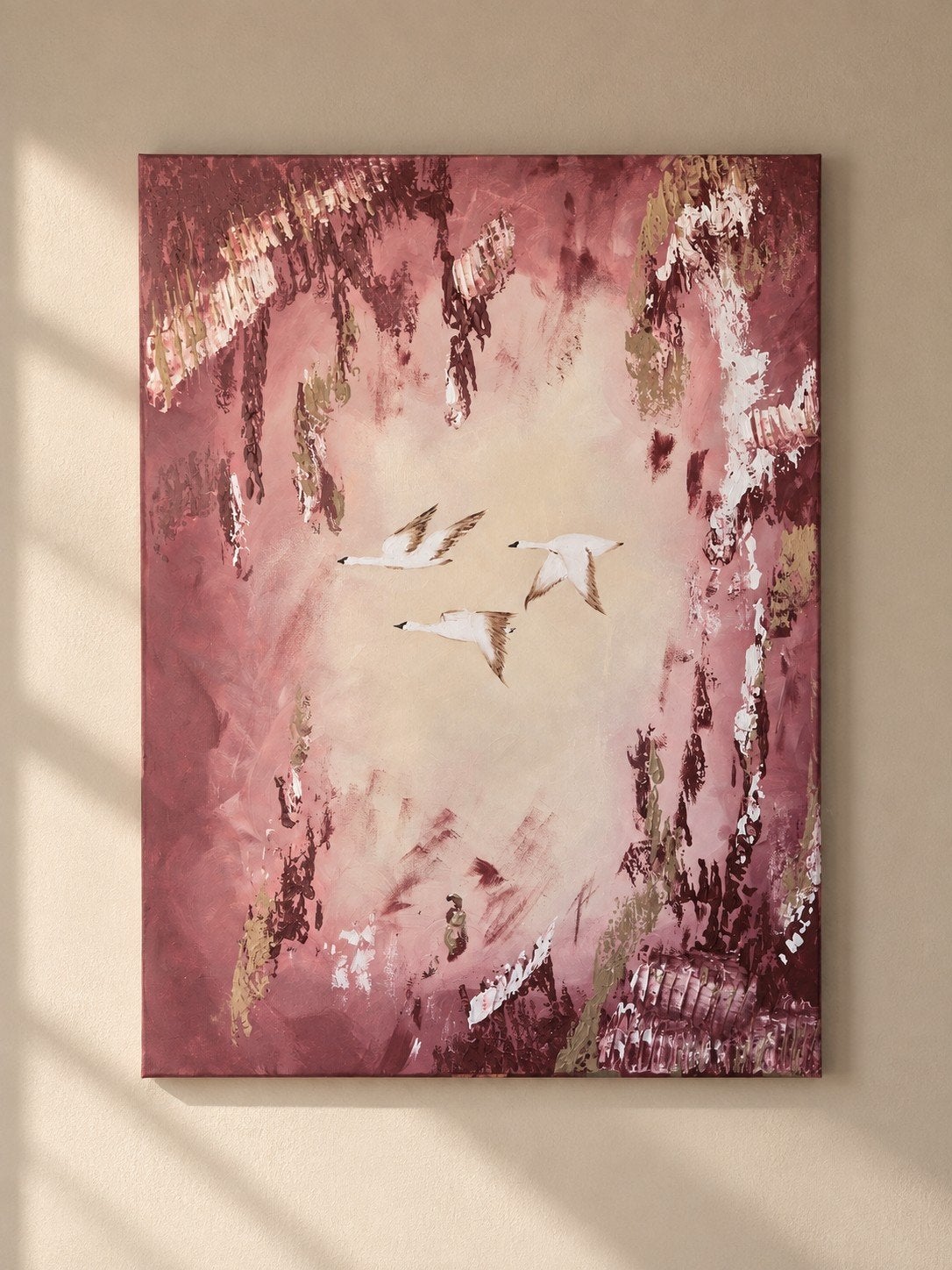 Vrijheid in verbinding: Acryl schilderij met vogels, Antiek en Kunst, Ophalen of Verzenden
