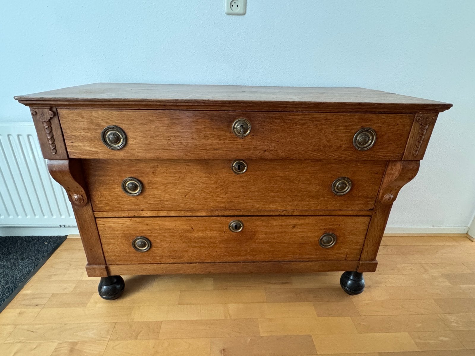 Antieke eikenhouten ladenkast met 3 laden, Antiek en Kunst, Antiek | Meubels | Kasten, Ophalen