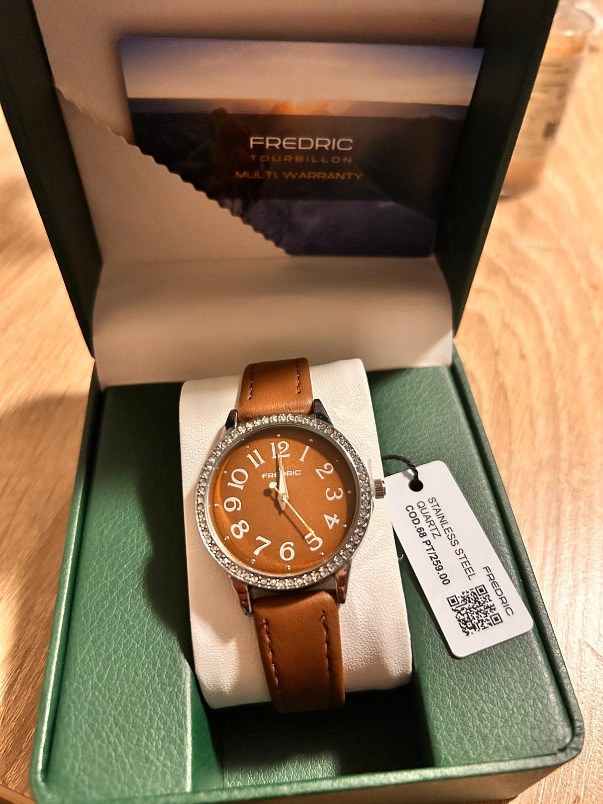 Fredric Polshorloge met strass en leren bandje, Overige merken, Overige materialen, Leer, Polshorloge