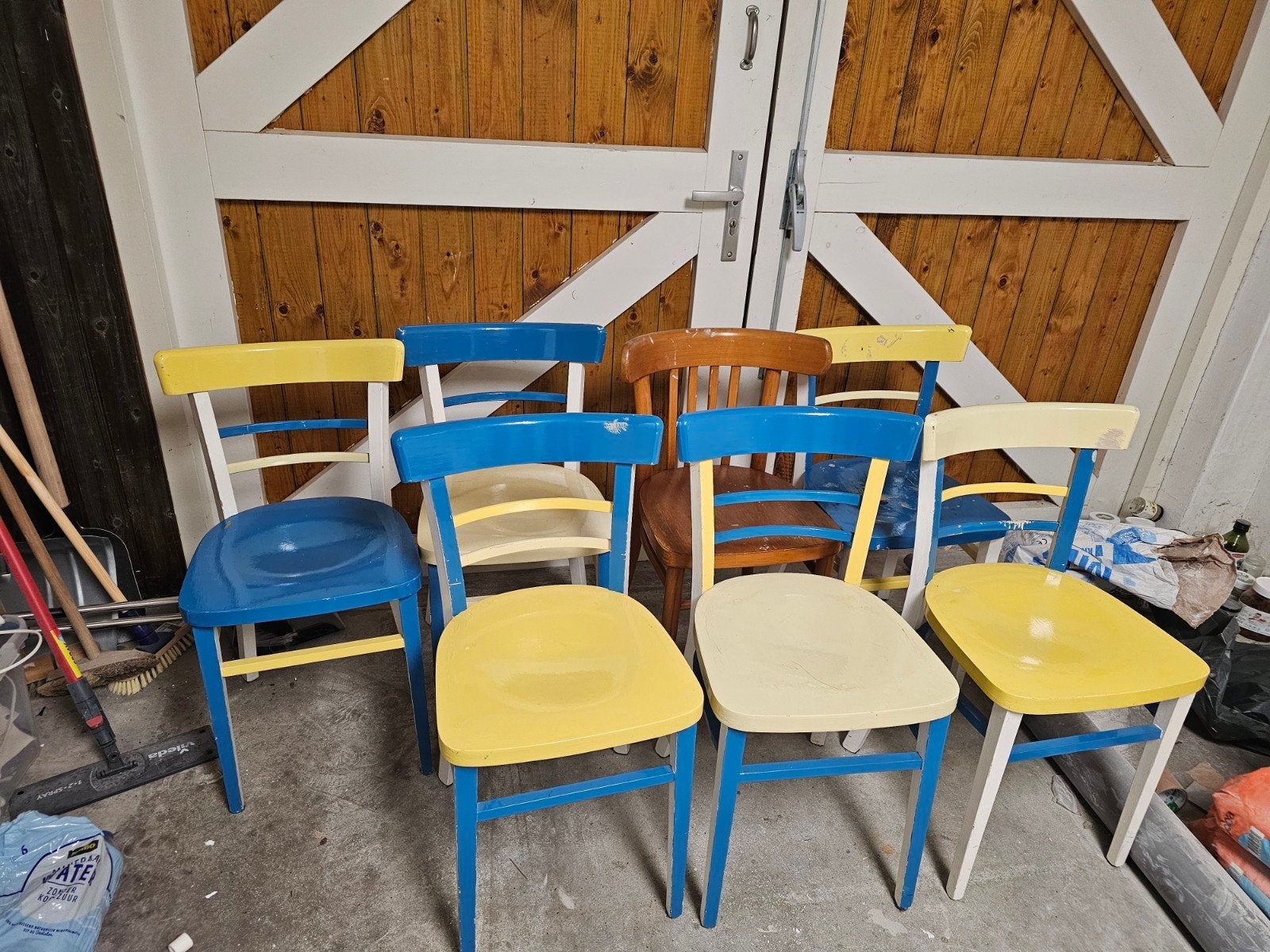 Set van 6 kleurrijke stoelen - diverse kleuren, Ophalen, Gebruikt, Overige kleuren, Kleurrijk, Speels