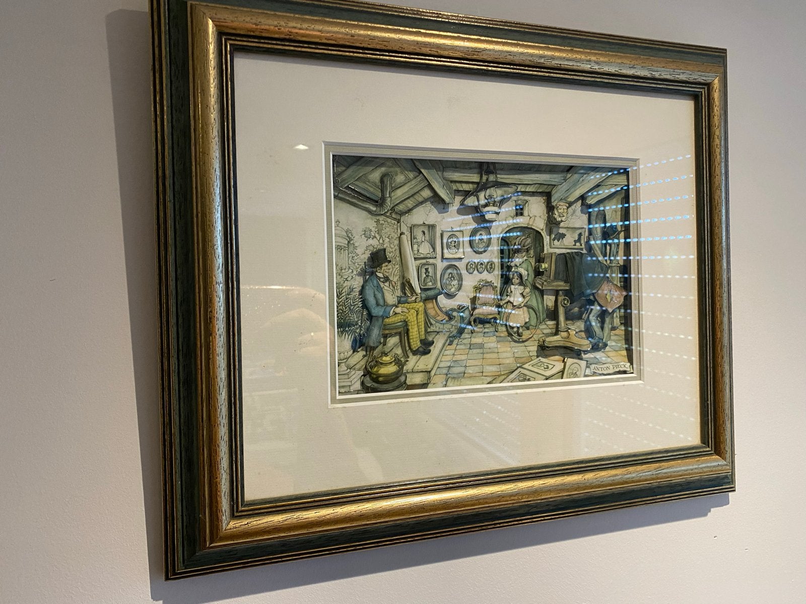 Ingelijst schilderijtje van Anton Pieck, Antiek en Kunst, Achter glas, Realistisch, Ophalen of Verzenden, Tekening