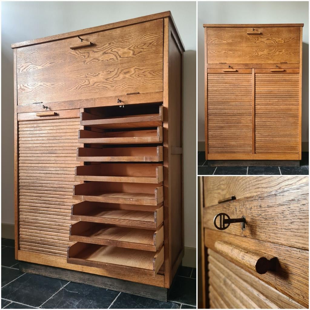 Midcentury archiefkast, dossierkast, ladekast, roldeurkast., Ophalen, Gebruikt, Grenenhout, 100 tot 150 cm