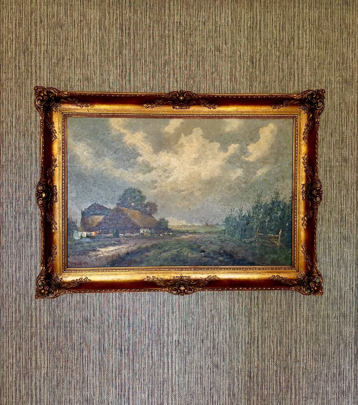 Klassiek Schilderij met boerderij en landschap 110x80cm, Ophalen, Ingelijst, Doek