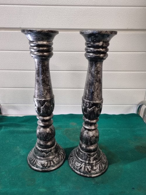 kandelaars van hout zilver kleurig 2 stuks, Ophalen of Verzenden, 'T Olde Gre-j, Info@toldegrej.nl, Endepoelstraat 20f Didam