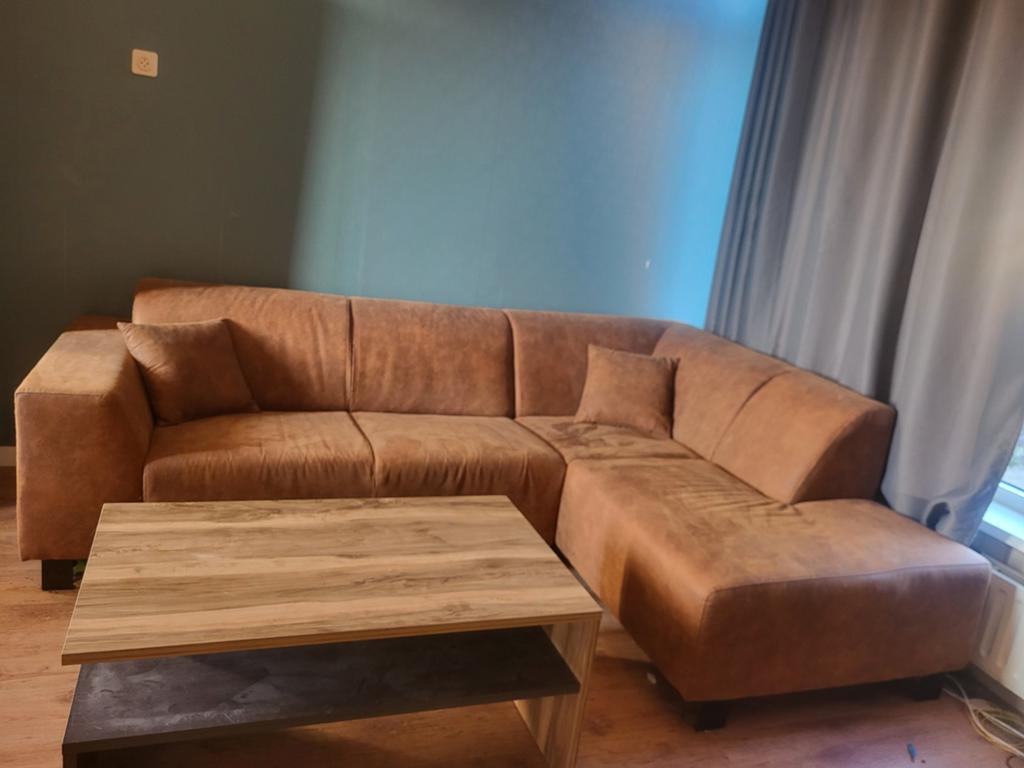 hoekbank in cognac/bruin microleder-look, Ophalen, Gebruikt