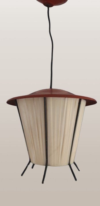 vintage hanglamp met een stoffen kap, Ophalen of Verzenden, Gebruikt, Metaal