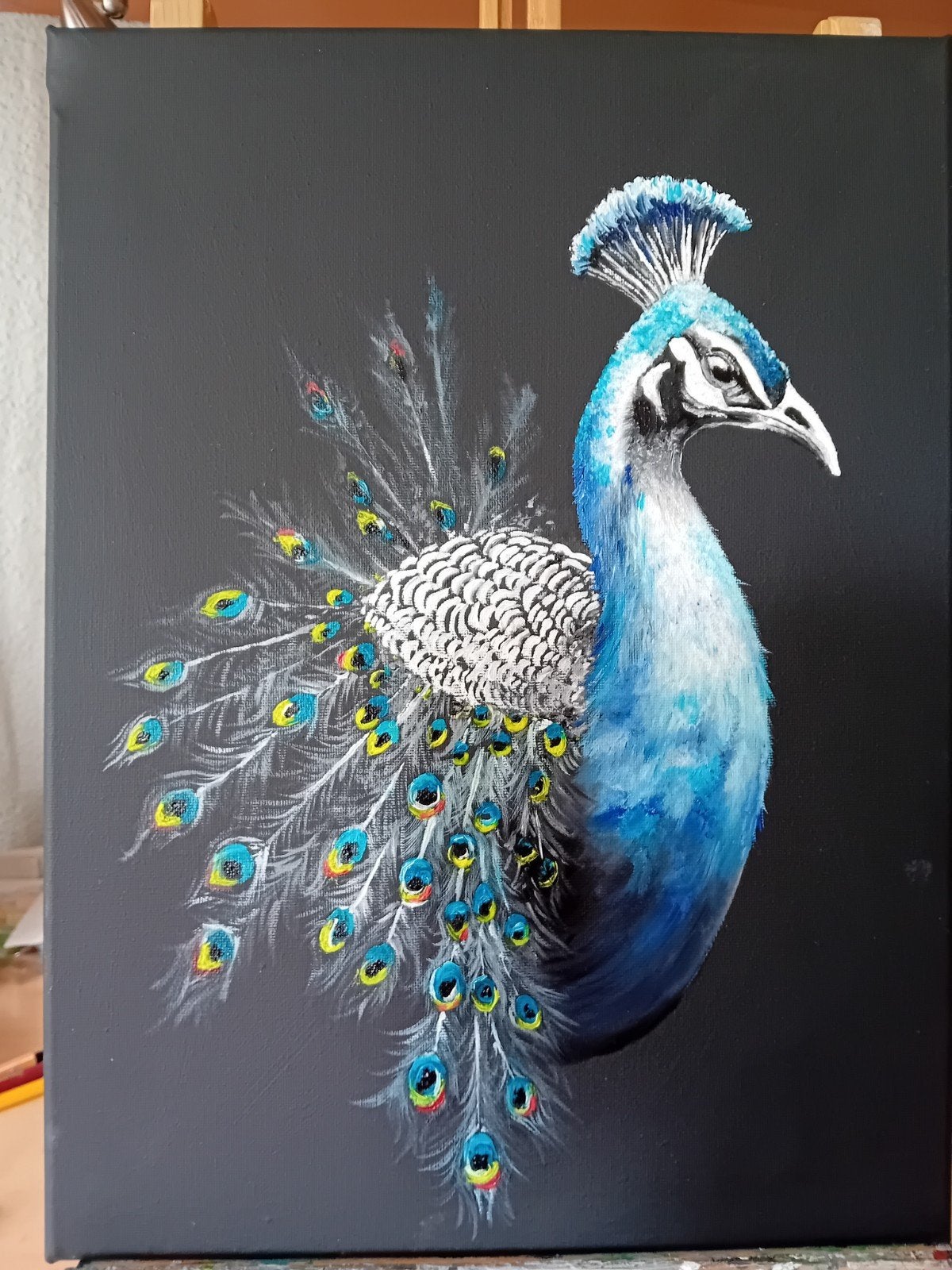 Schilderij Pauw - Handgeschilderd op doek, Ophalen of Verzenden