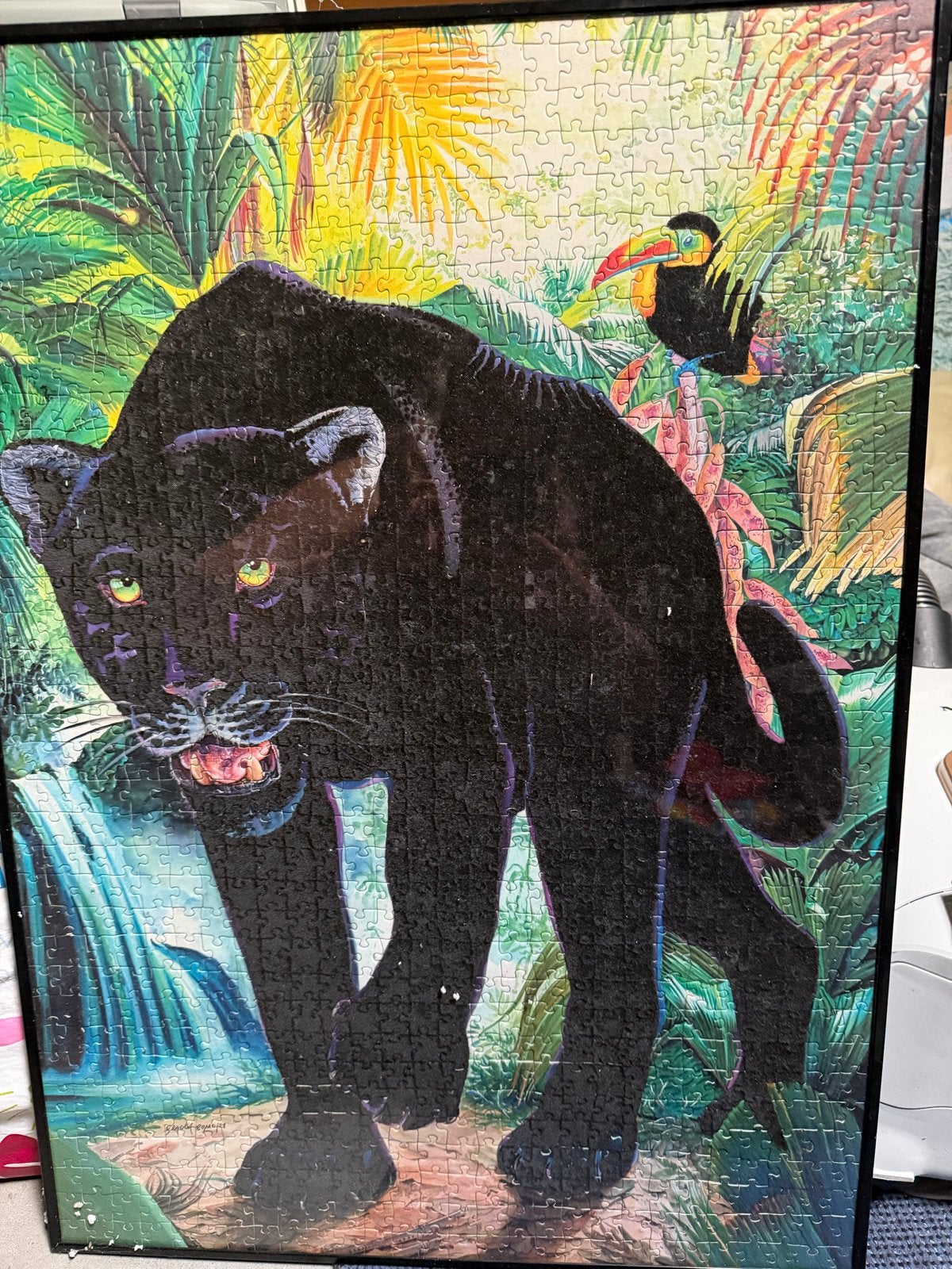 Legpuzzel Zwarte Panter in Jungle in lijst 70x50 cm, Ophalen, 500 t/m 1500 stukjes, Gebruikt, Legpuzzel