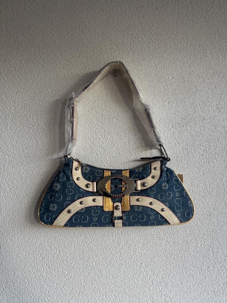 Vintage Y2K retro denim tas met logo print en gesp, Vintage, Blauw, Schoudertasje, Vintage