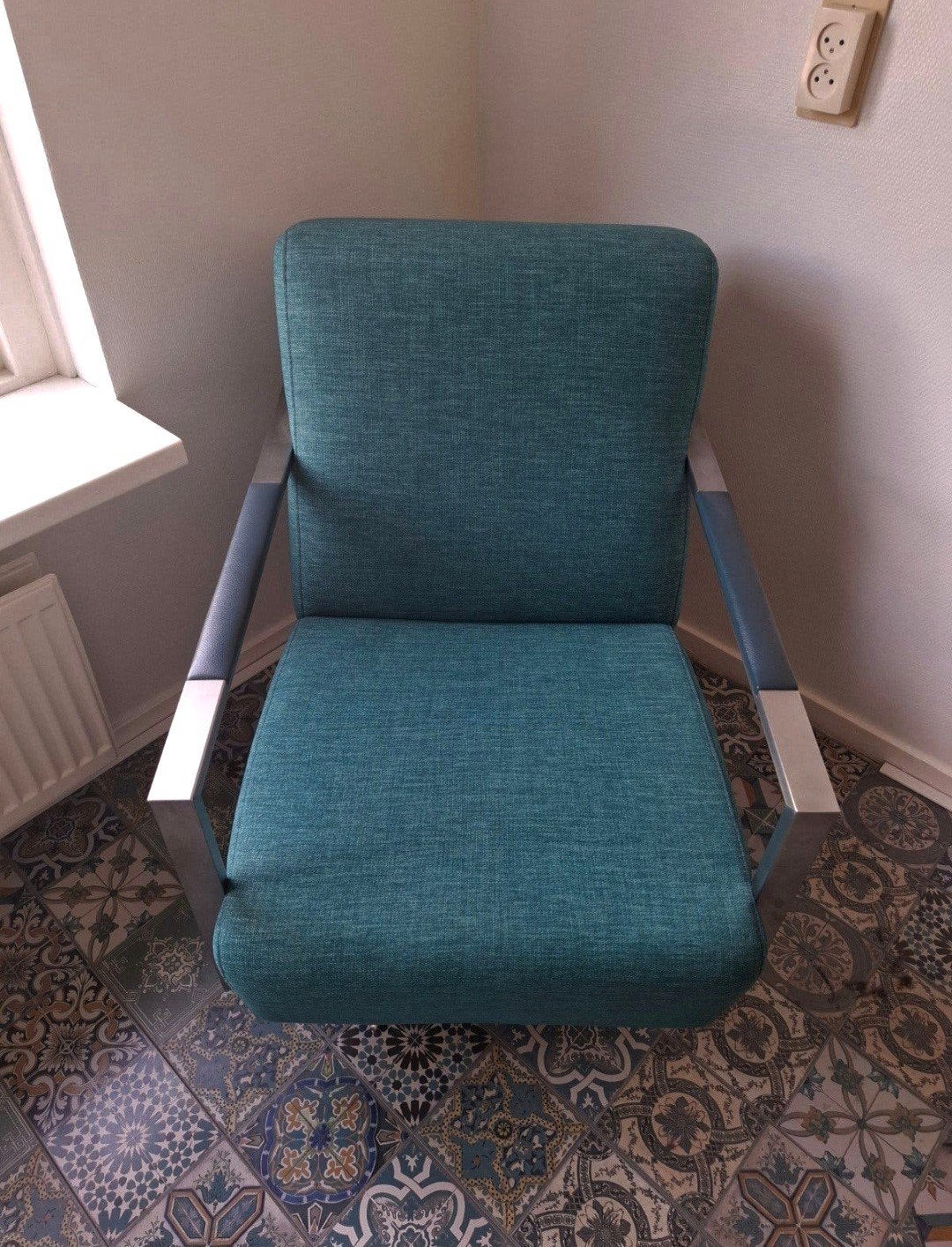 Vintage Montèl fauteuil turquoise blauw design stoel, Ophalen of Verzenden, Zo goed als nieuw, 75 tot 100 cm, 50 tot 75 cm